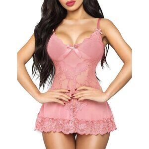 Rslove Women Sexy Lingerie Lace Babydoll Mesh Sleepwear Bridal Nightdress-Pink